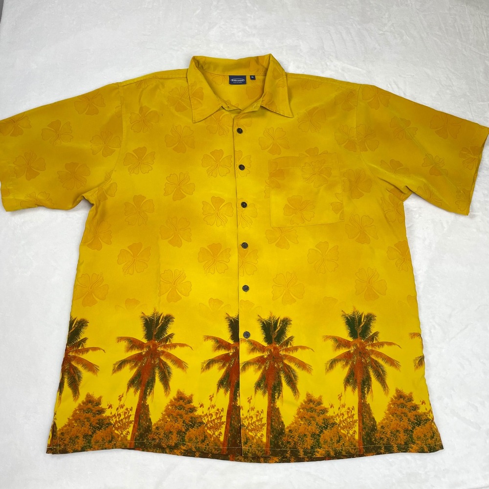 Sideout Button Up Shirt Men XL Yellow Good Y2K Tropical Palm Tree Hibiscus
